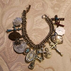 Handmade Silver-Tone Vintage Religious Charm Bracelet with Turquoise Accents 6.5